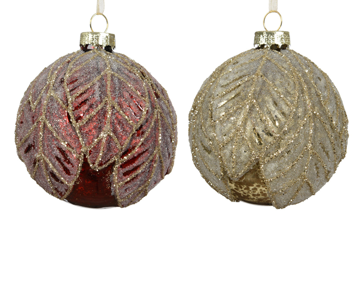 kerstballen glas antique finish with leaf, frost 2col ass assortie d.8cm