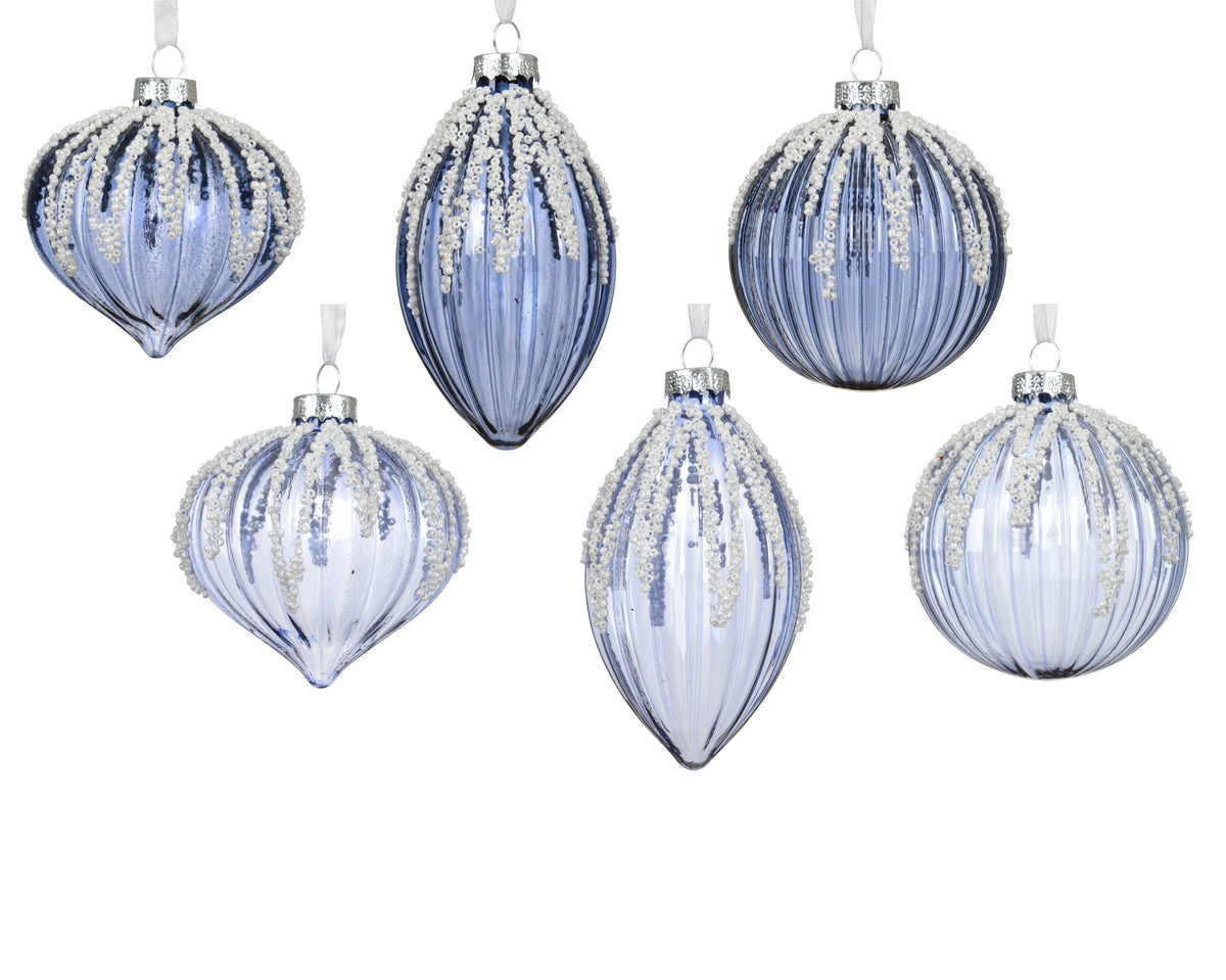 kerstballen glas shiny with white bead lines 6ass assortie d.8cm