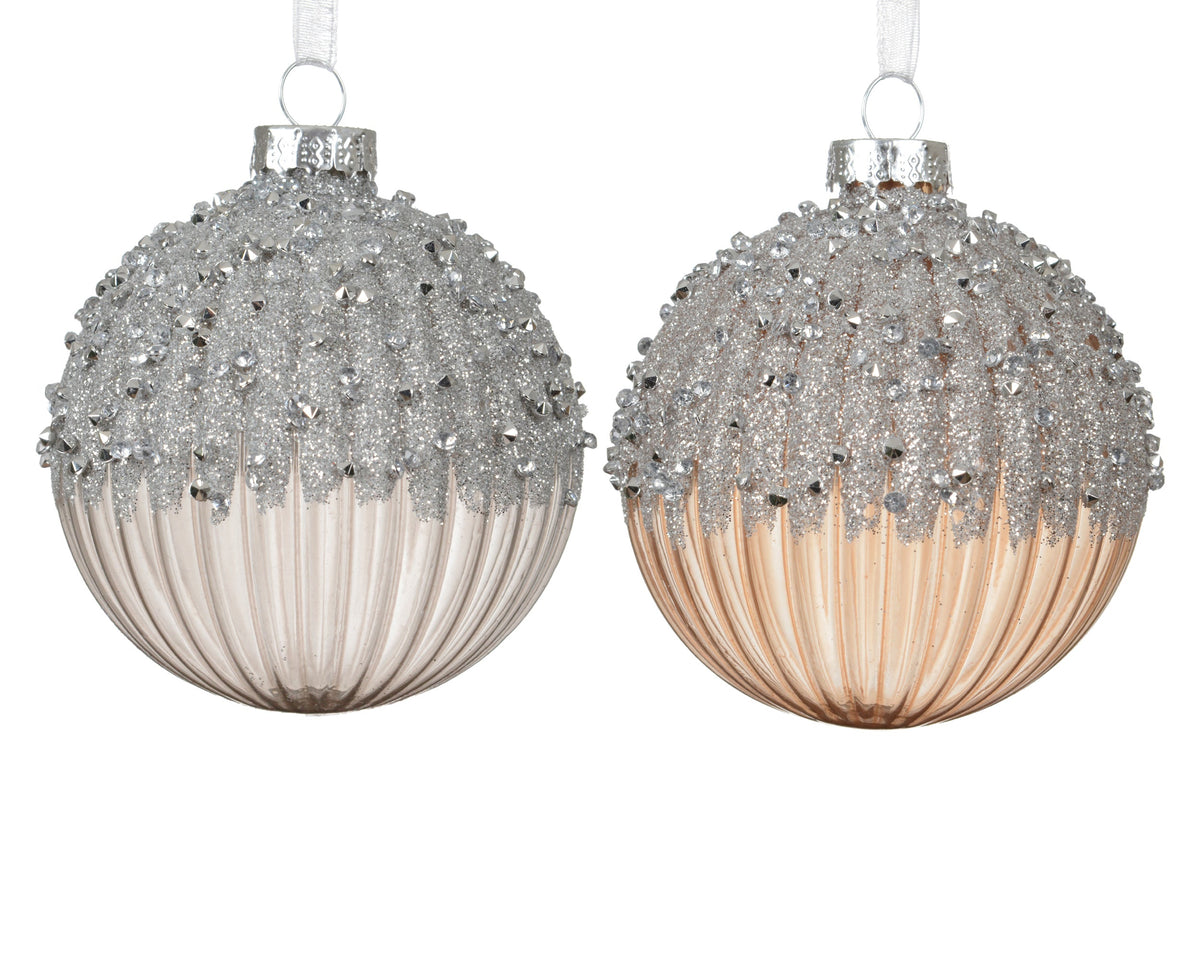 kerstballen glas shiny with beads on top 2col ass assortie d.8cm