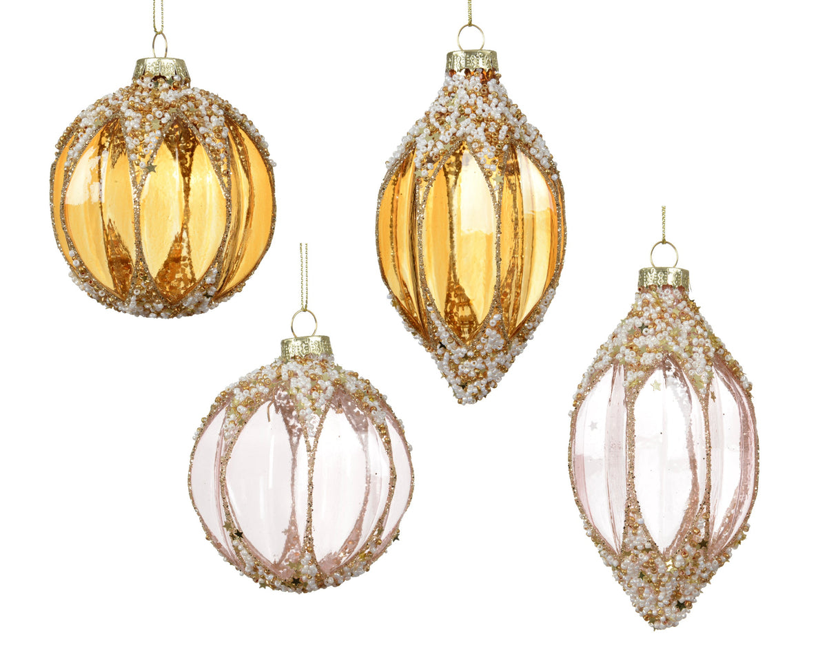 kerstballen glas transparent with beads on top and bottom 4ass assortie d.8cm