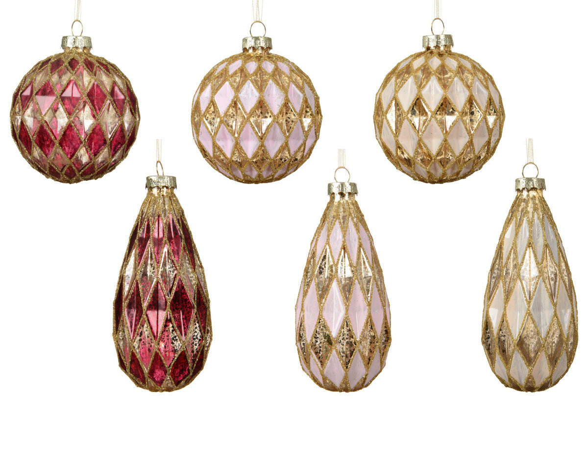 kerstballen glas antique finish with diamond shape 6ass assortie d.8cm