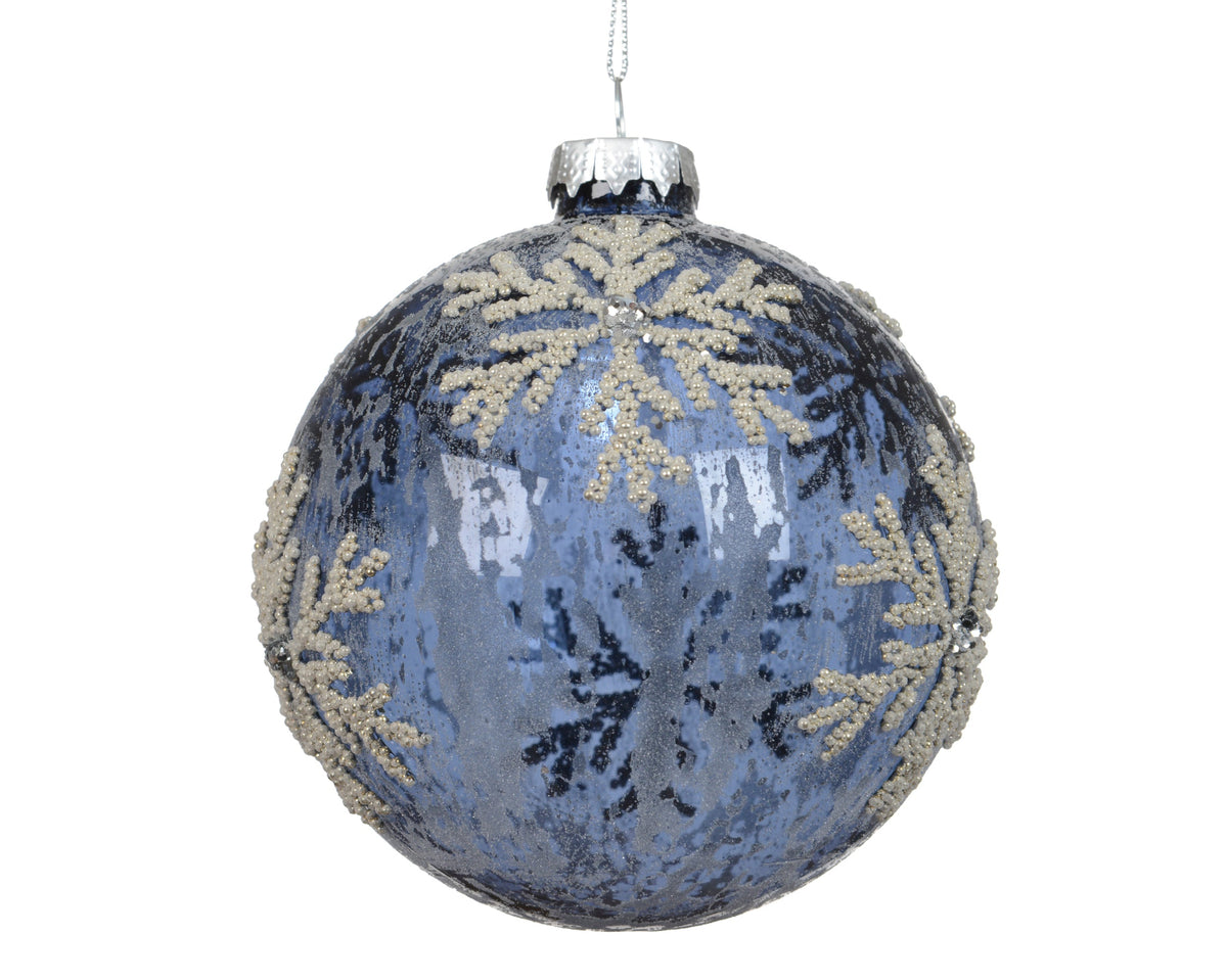 kerstballen glas clear with snowflakes blauw d.10cm