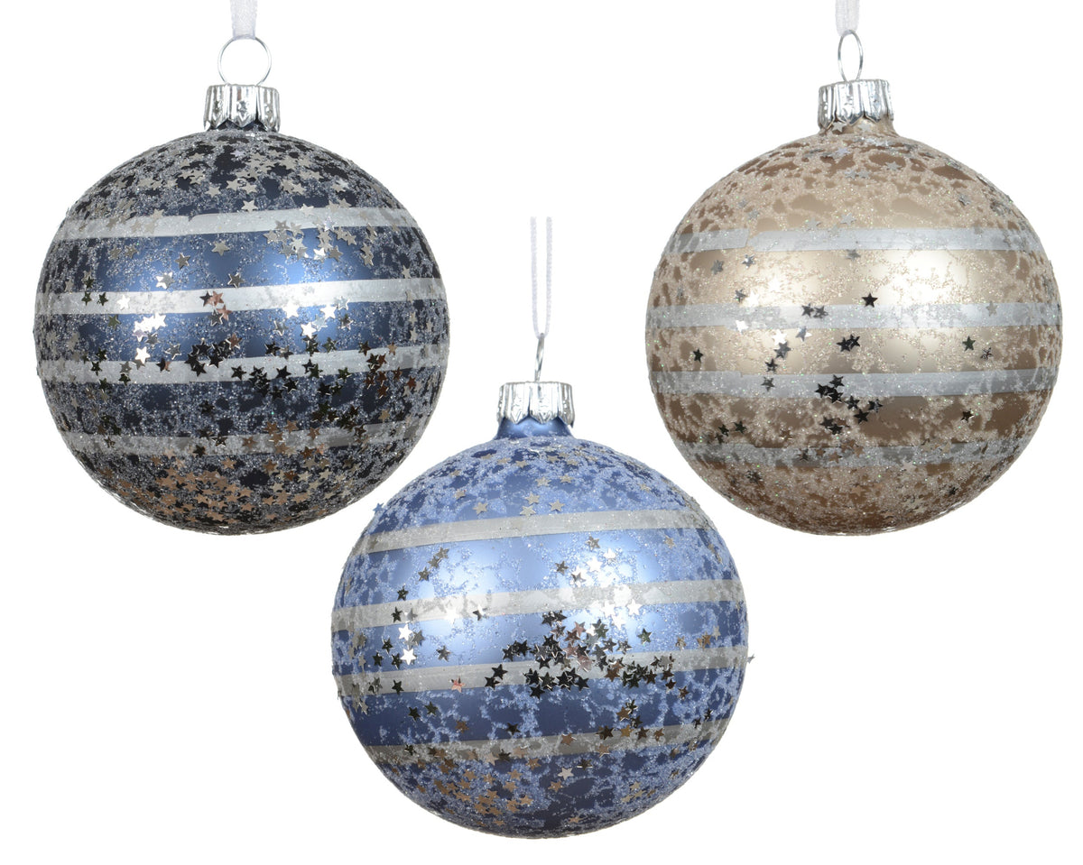 kerstbal glas matt horizontal lines with stars 3col ass assortie d.8cm