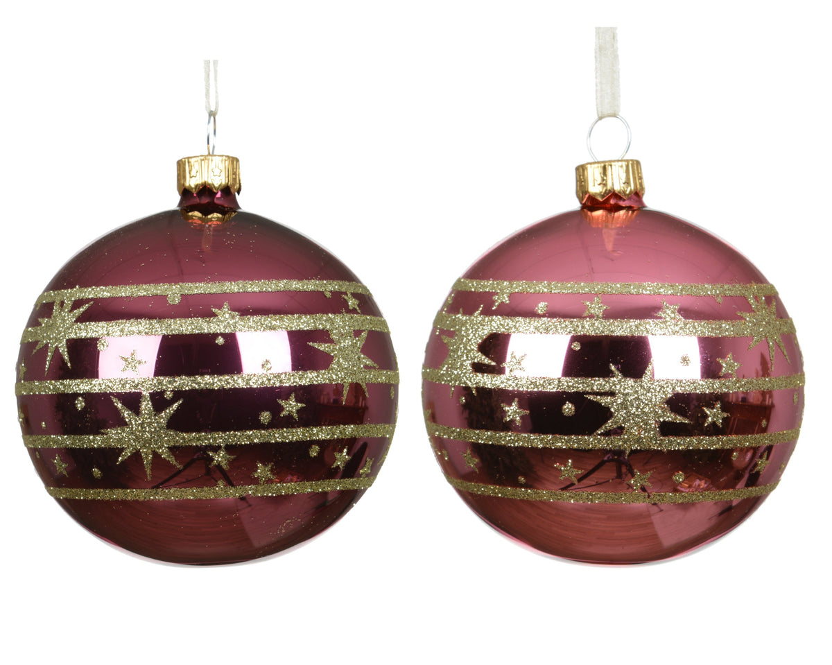 kerstbal glas shiny lines with stars 2col ass assortie d.8cm