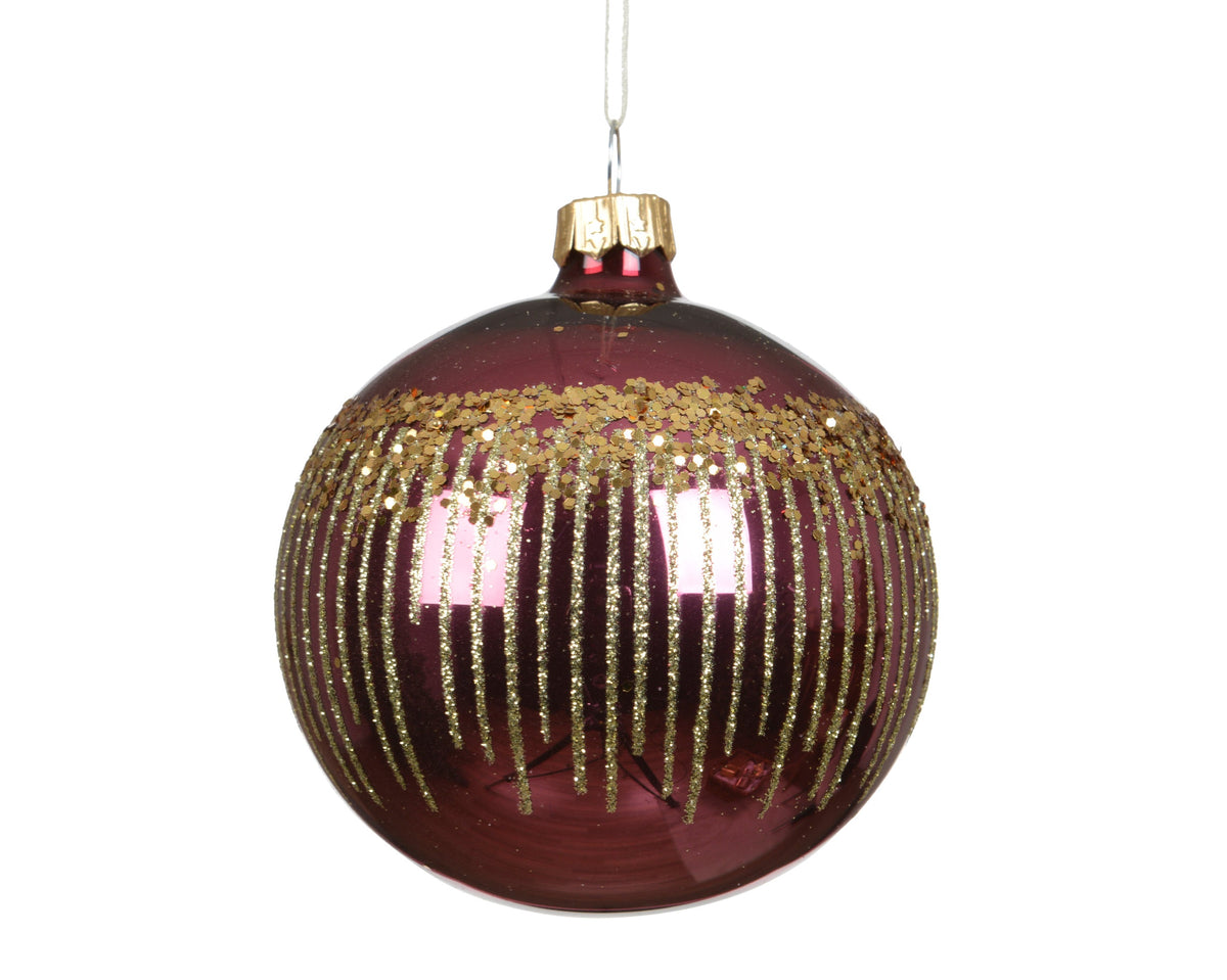 kerstbal glas shiny vertical lines with glitter donker roze d.8cm