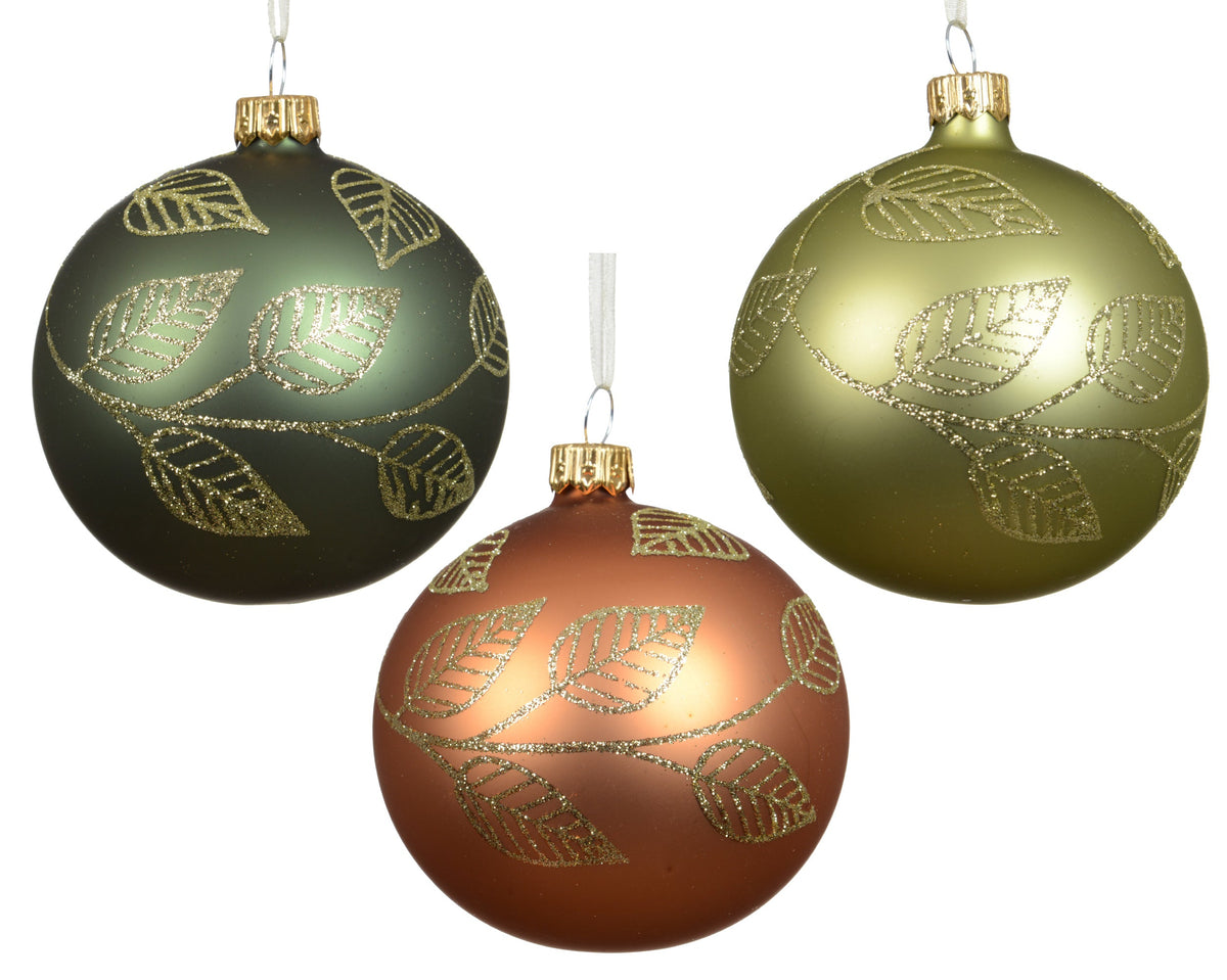 kerstbal glas matt leaf branch 3col ass assortie d.8cm