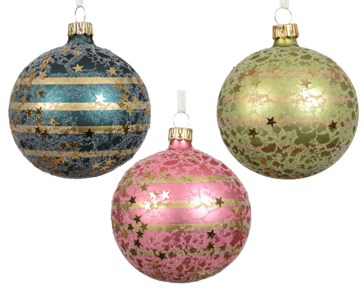kerstbal glas matt lines with stars 3col ass assortie d.8cm