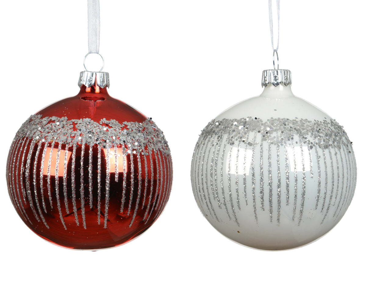 kerstbal glas shiny, enamel vertical lines with glitter 2col ass assortie d.8cm