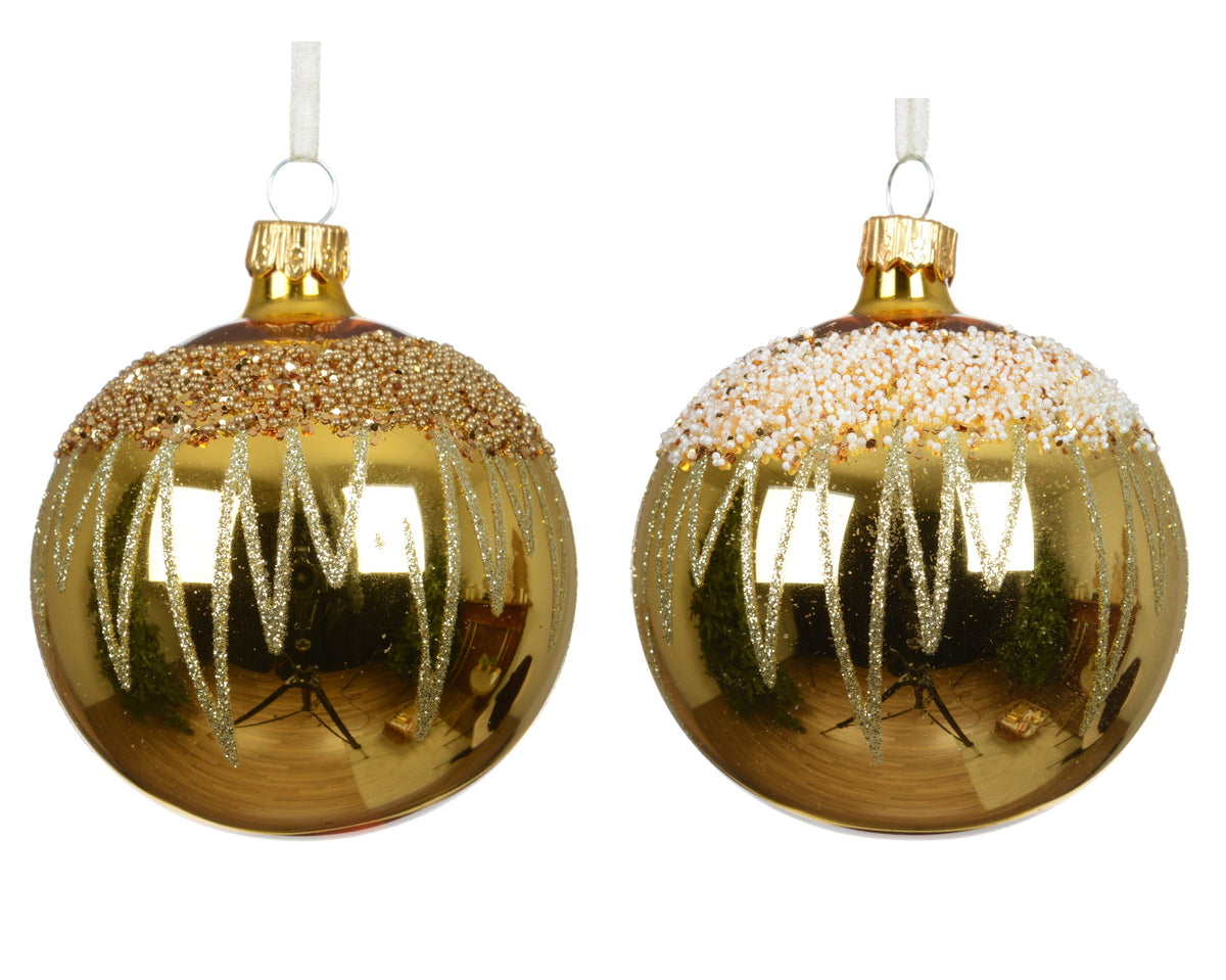 kerstbal glas shiny ballotine top border with drop lines licht goud d.8cm