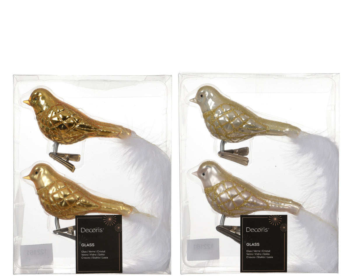 vogel glas shiny - matt with glitter lines, white feather tail 2col ass assortie l.9cm x w.4.5cm x h.8cm
