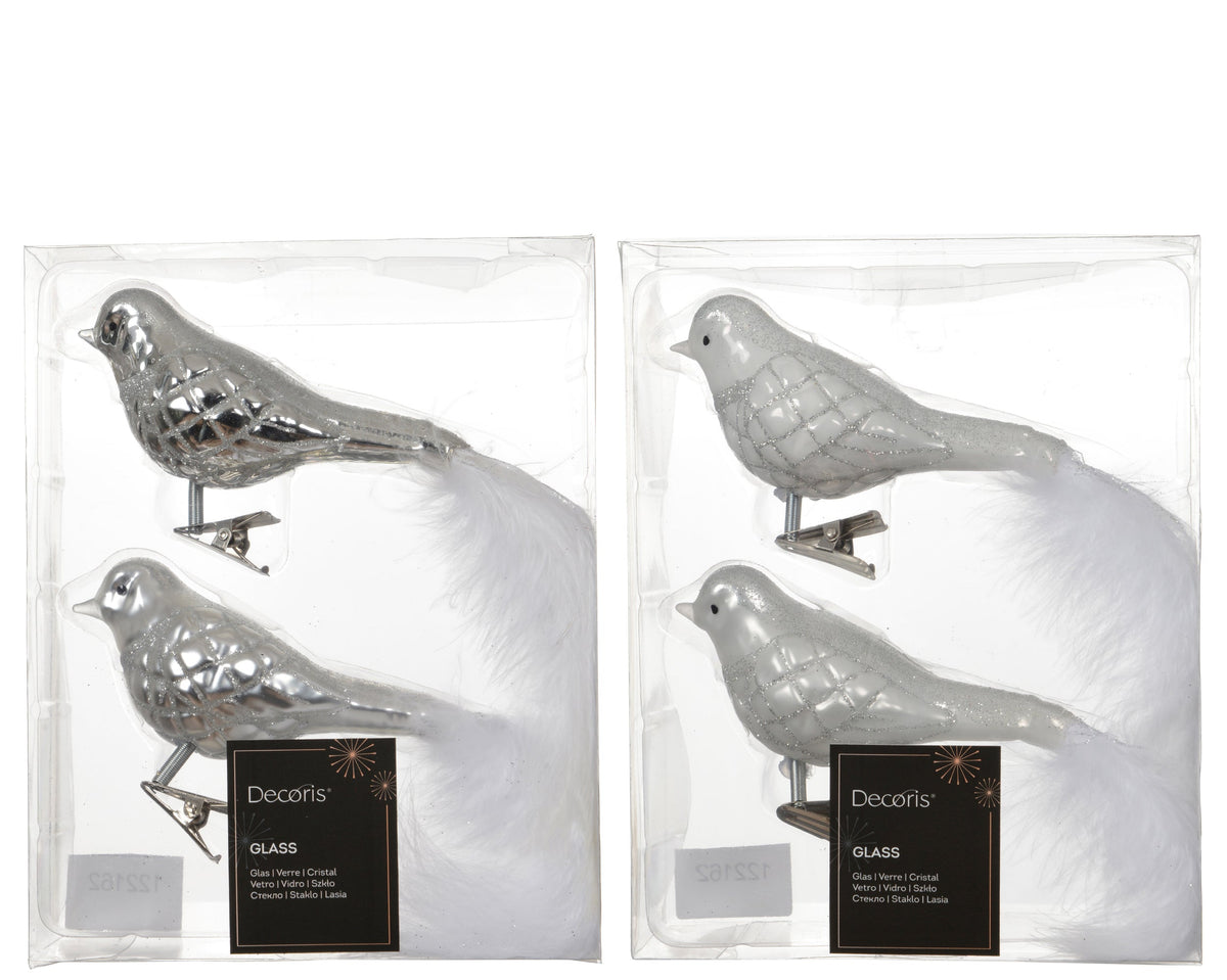 vogel glas shiny - matt with glitter lines, white feather tail 2col ass assortie l.9cm x w.4.5cm x h.8cm