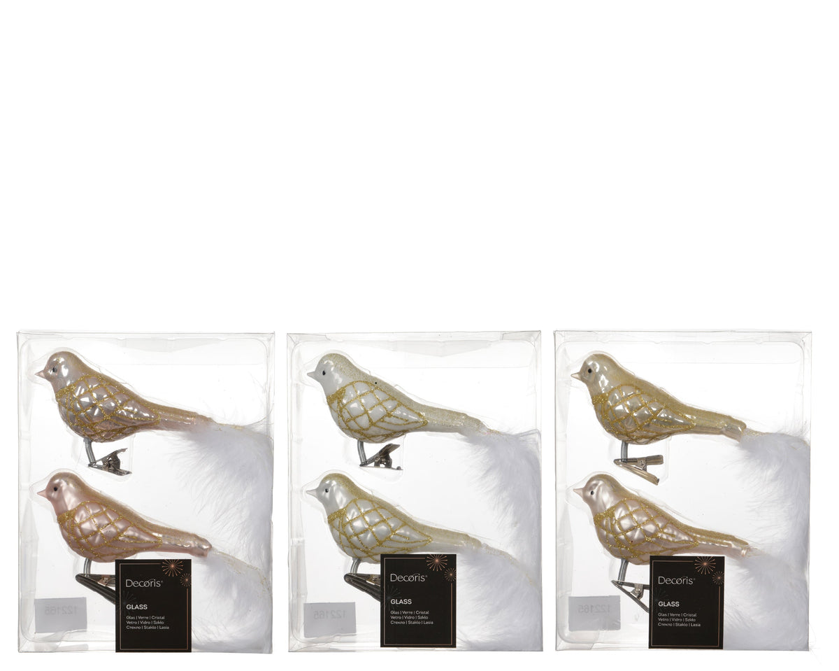 vogel glas enamel - matt with glitter lines, white feather tail 3col ass assortie l.9cm x w.4.5cm x h.8cm
