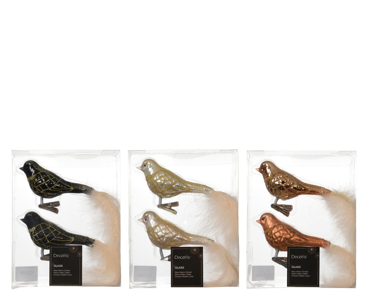 vogel glas enamel - matt with glitter lines, white feather tail 3col ass assortie l.9cm x w.4.5cm x h.8cm
