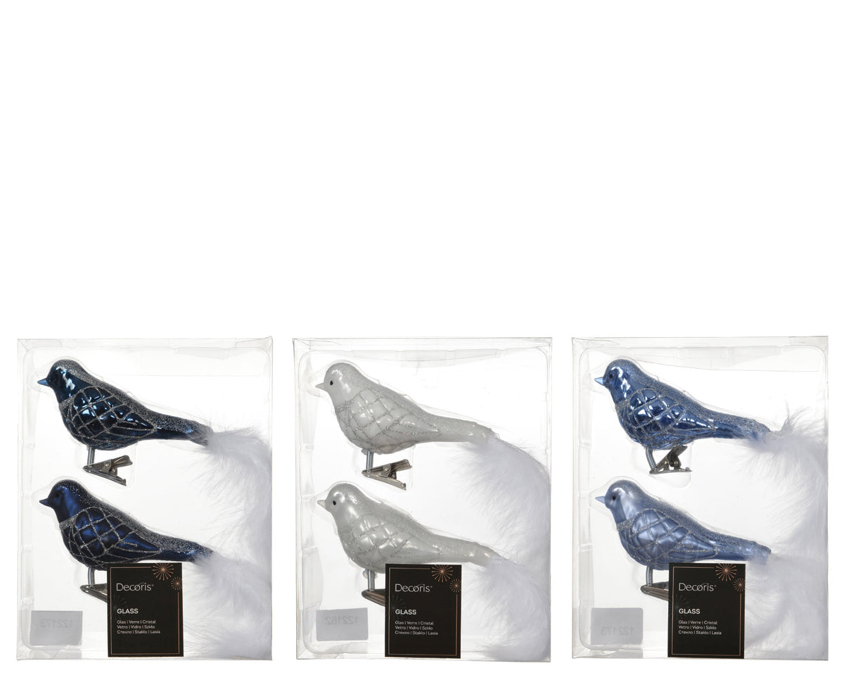 vogel glas shiny - matt with glitter lines, white feather tail 3col ass assortie l.9cm x w.4.5cm x h.8cm