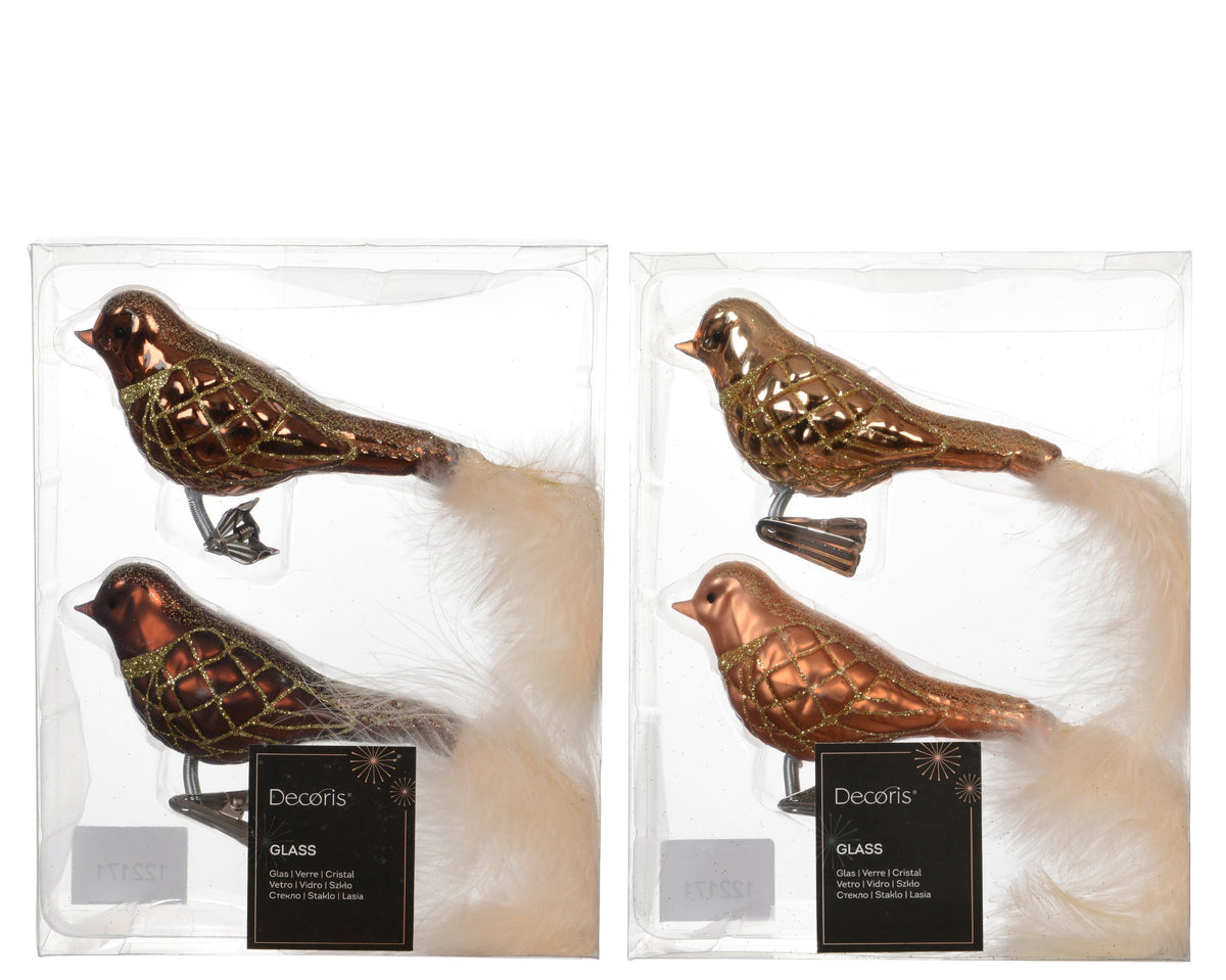 vogel glas shiny - matt with glitter lines, white feather tail 2col ass assortie l.9cm x w.4.5cm x h.8cm