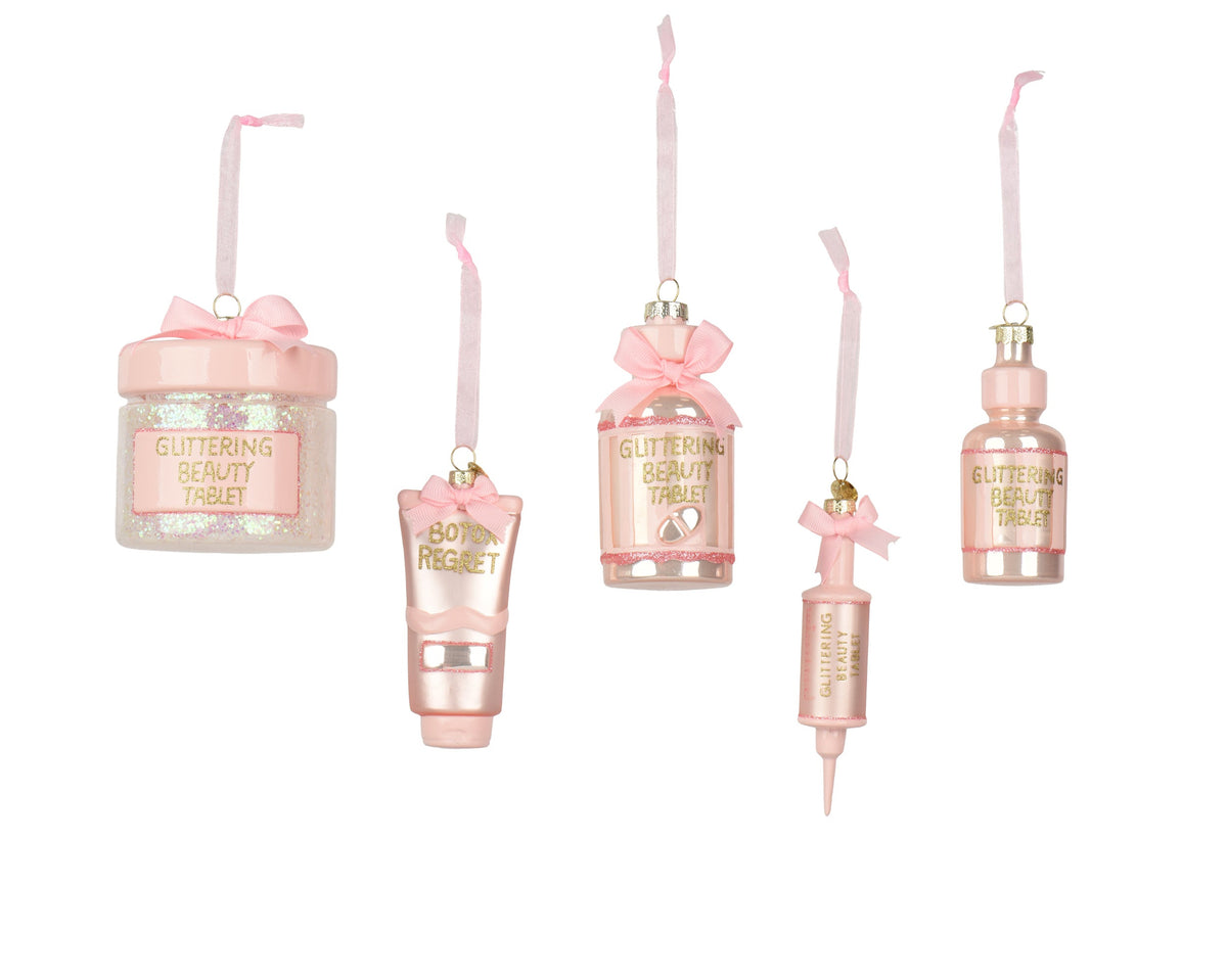 figuren glas matt with pink bow, decal, glitter 5ass roze/kleur(en) d.8.6cm x h.10.2cm