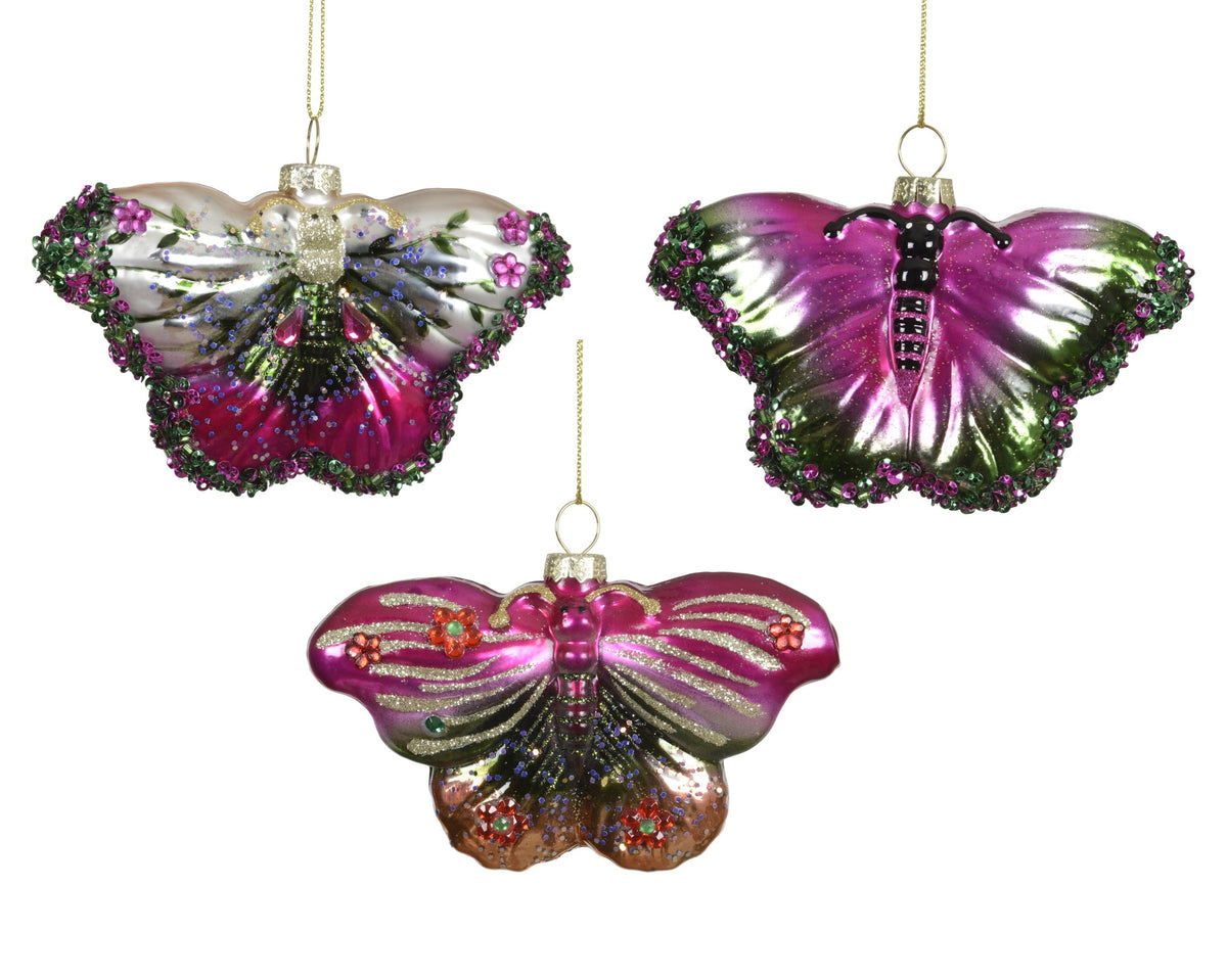 vlinder glas w glitter, beads 3ass multi l.11cm x w.2.8cm x h.8cm