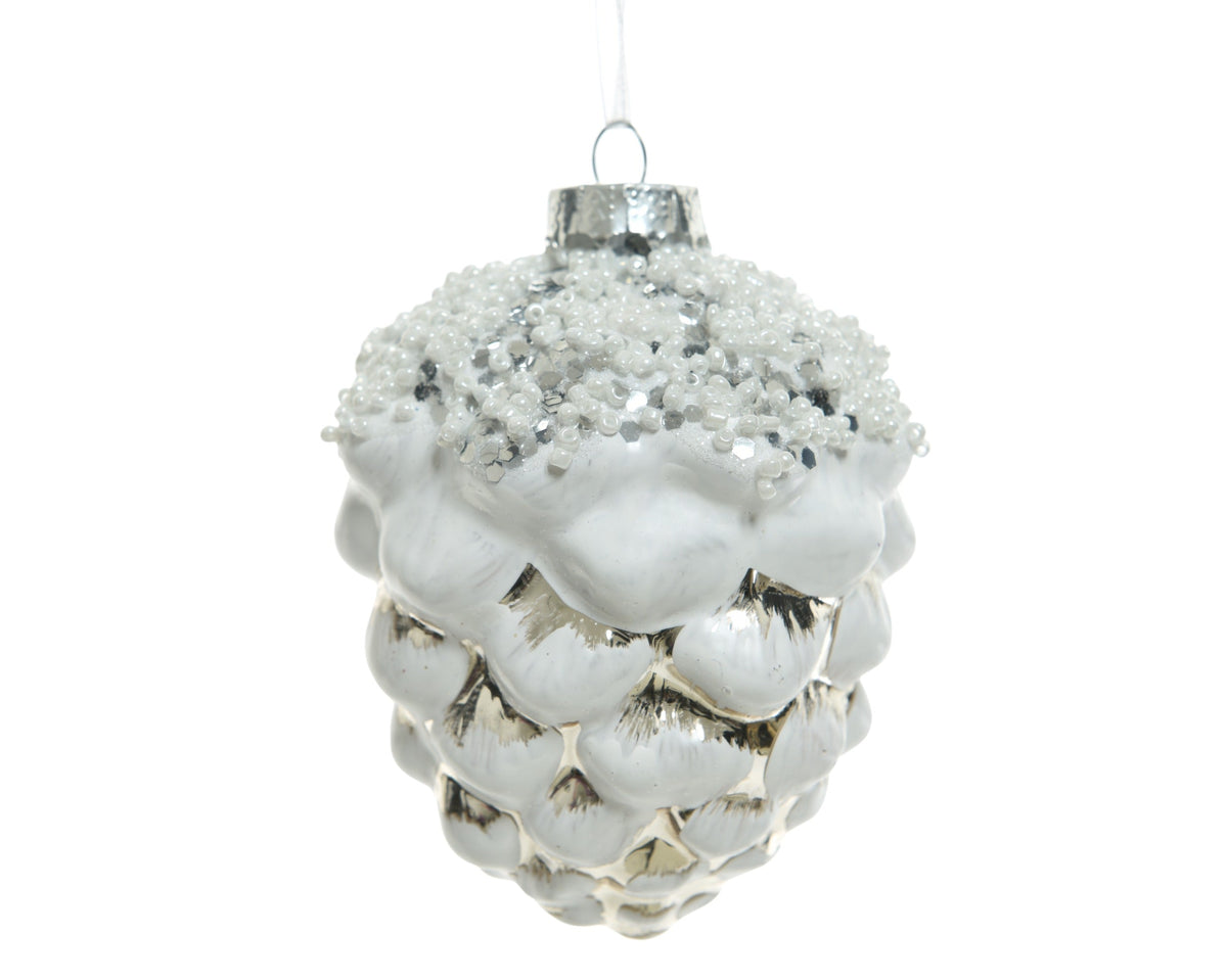 dennenappel glas with silver white finish beads on top wit d.9cm x h.7.5cm