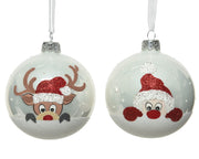 kerstbal glas enamel santa, reindeer with flock bottom 2ass winterwit d.8cm
