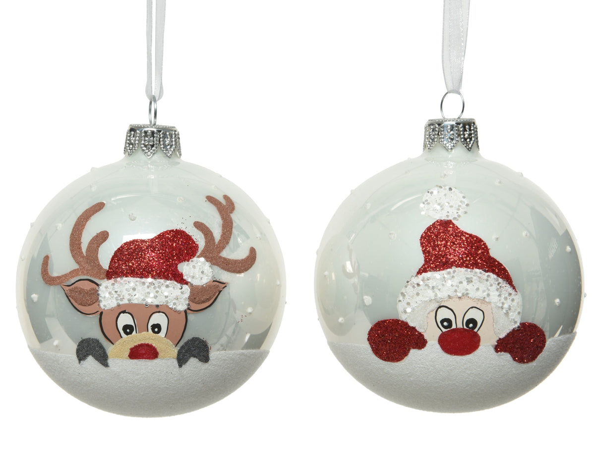 kerstbal glas enamel santa, reindeer with flock bottom 2ass winterwit d.8cm