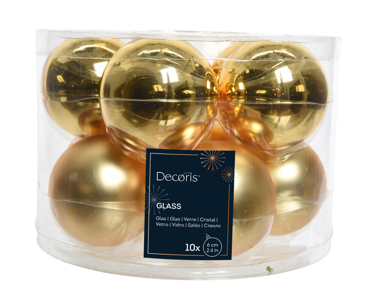 kerstballen glas shiny/mat mix licht goud d.6cm koker a 10 stuks