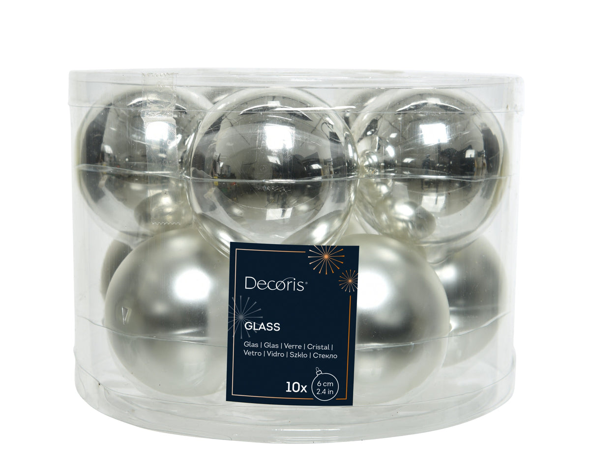 kerstballen glas shiny/mat mix zilver d.6cm koker a 10 stuks
