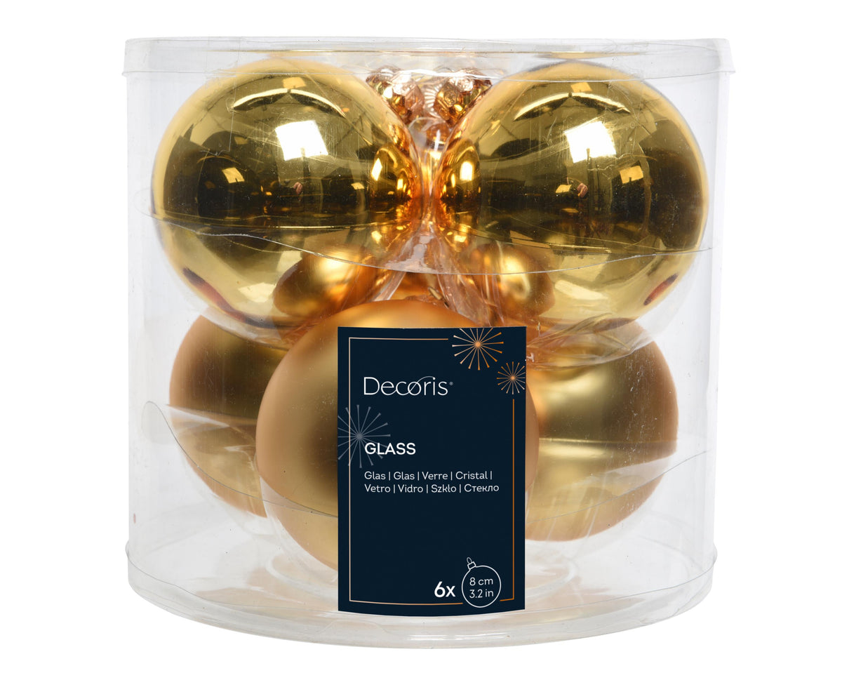 kerstballen glas shiny/mat mix licht goud d.8cm koker a 6 stuks