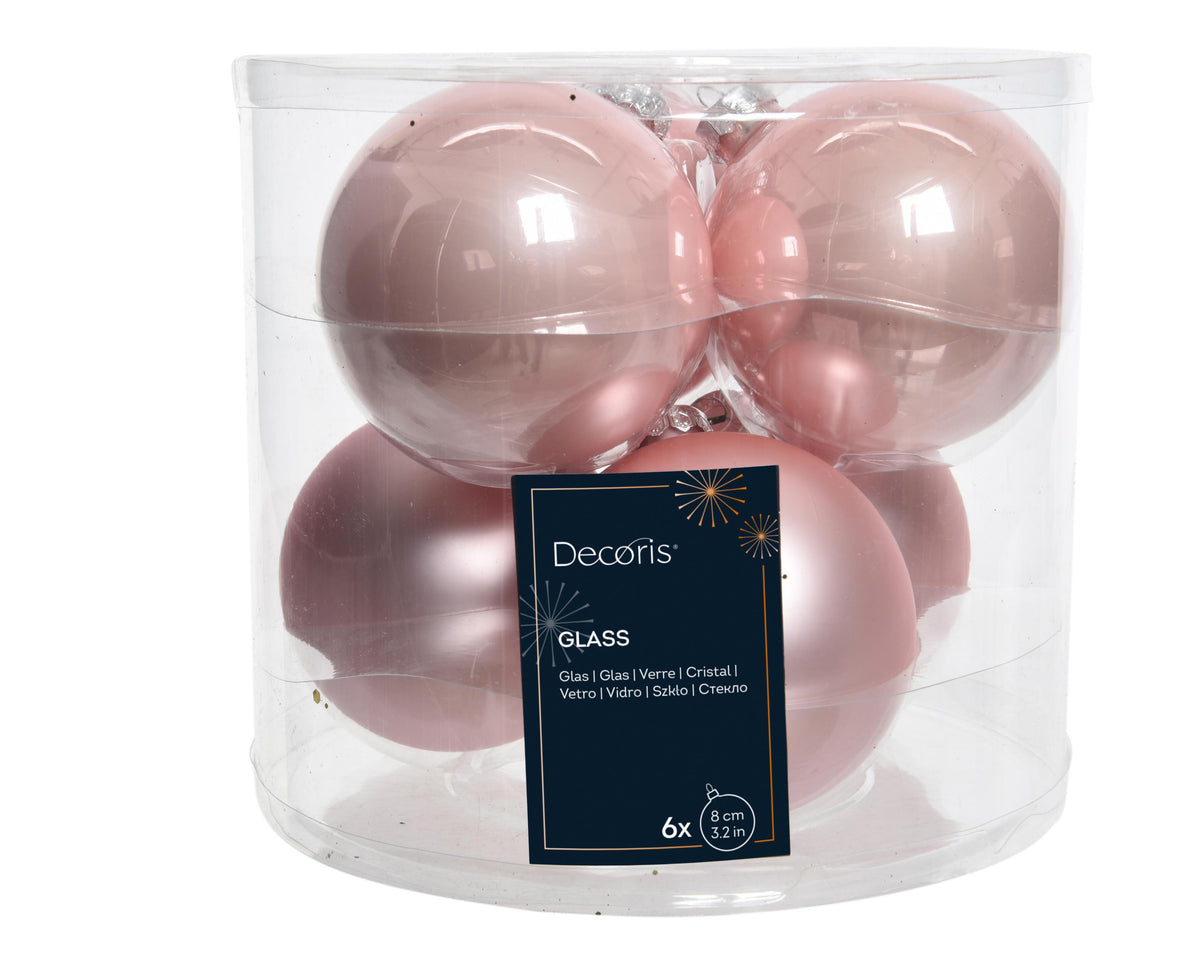 kerstballen glas shiny/mat mix poederroze d.8cm koker a 6 stuks