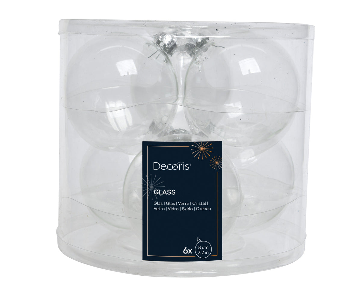kerstballen glas shiny transparant/helder d.8cm koker a 6 stuks