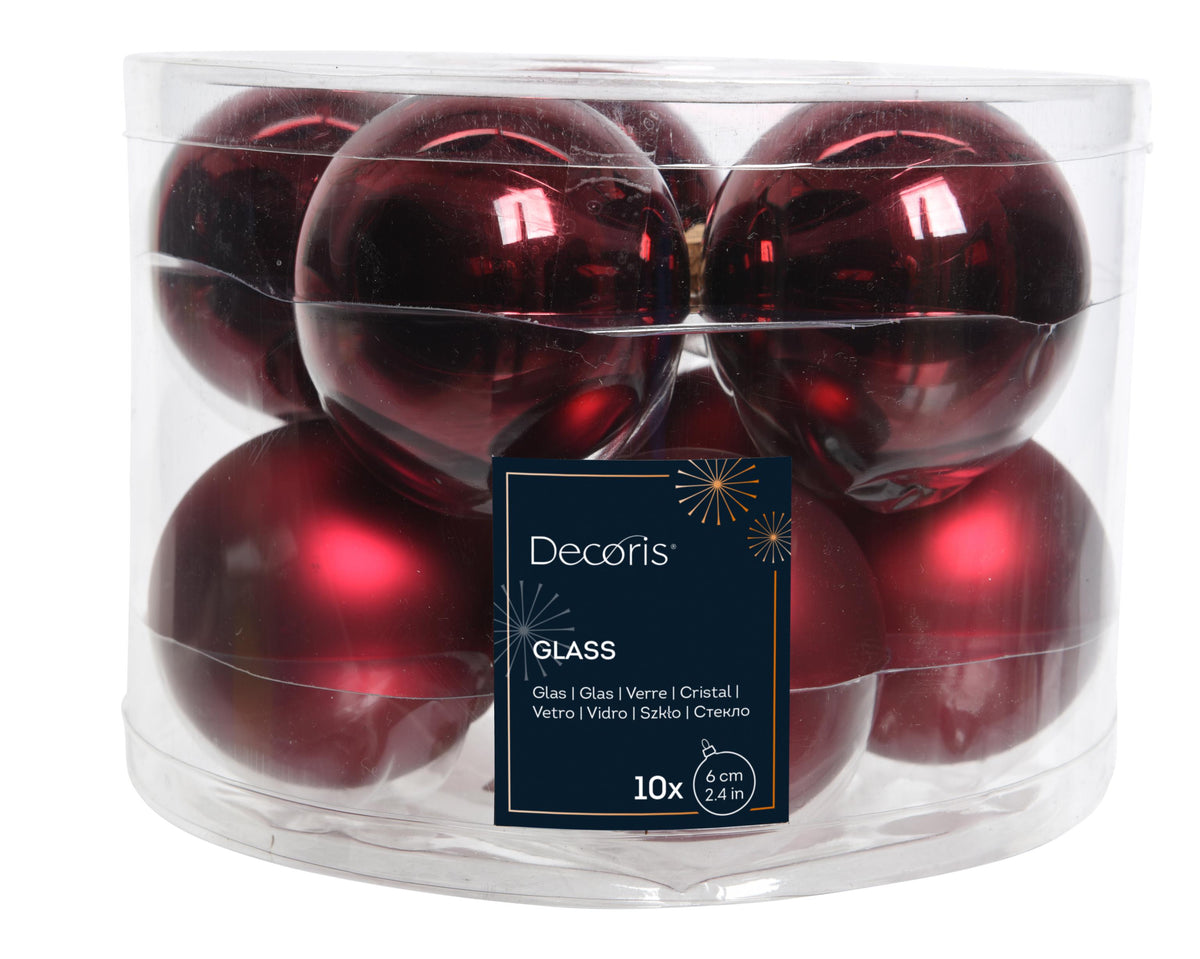 kerstballen glas shiny/mat mix ossenbloed d.6cm koker a 10 stuks