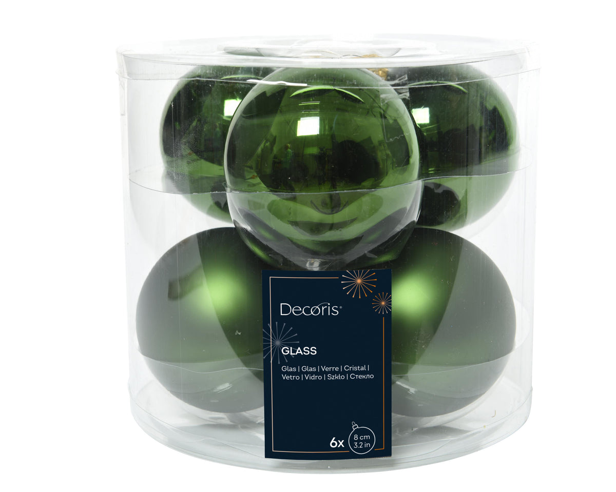 kerstballen glas shiny/mat mix dennengroen d.8cm koker a 6 stuks