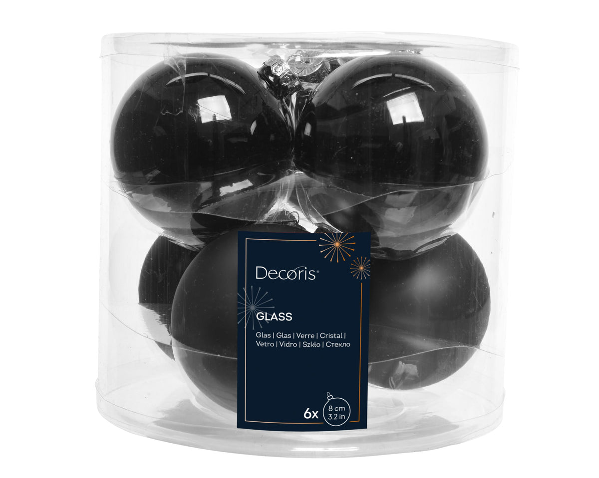 kerstballen glas shiny/mat mix zwart d.8cm koker a 6 stuks