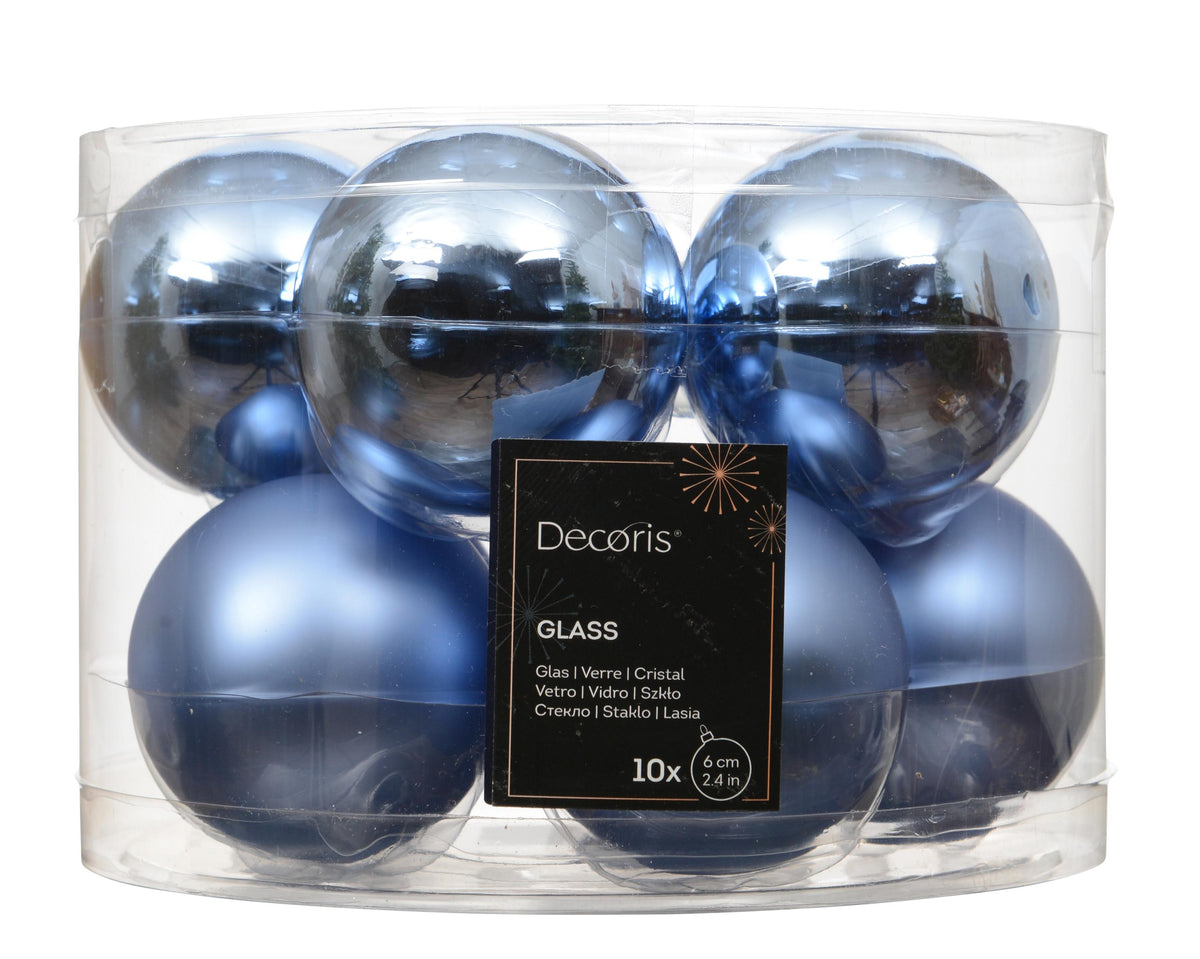 kerstballen glas shiny/mat mix ochtend blauw d.6cm koker a 10 stuks