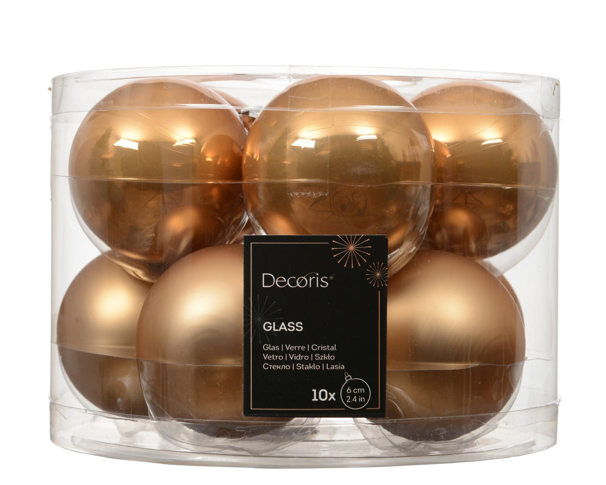 kerstballen glas shiny/mat mix karamel bruin d.6cm koker a 10 stuks