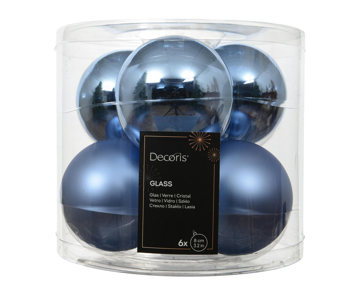 kerstballen glas shiny/mat mix ochtend blauw d.8cm koker a 6 stuks