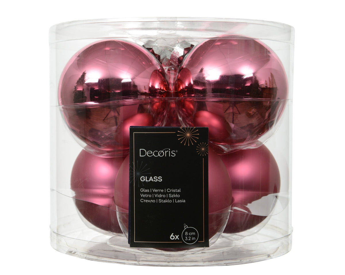 kerstballen glas shiny/mat mix bloesem roze d.8cm koker a 6 stuks