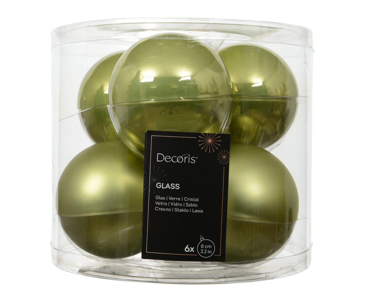 kerstballen glas shiny/mat mix warm pistache d.8cm koker a 6 stuks