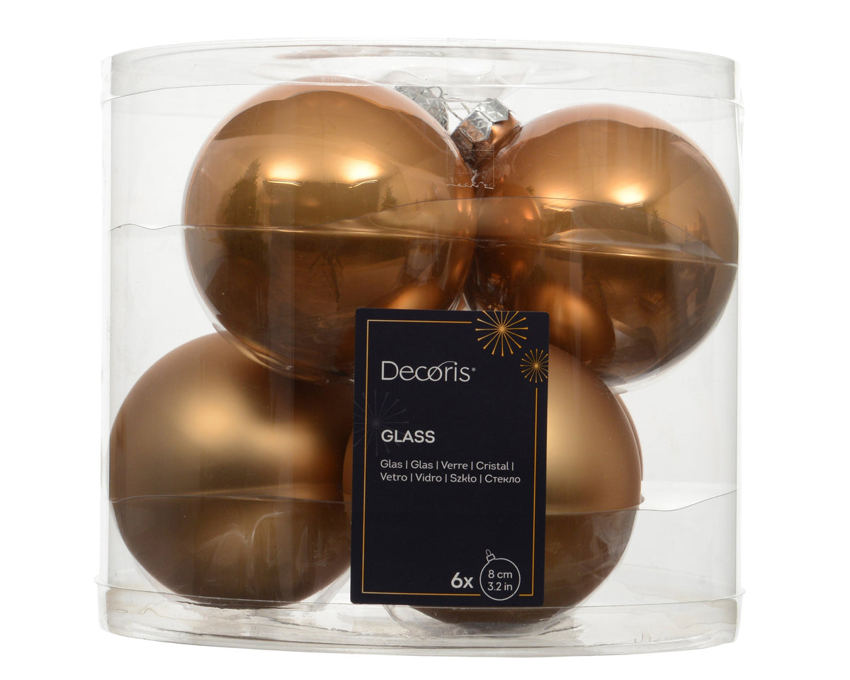 kerstballen glas shiny/mat mix warm karamel bruin d.8cm koker a 6 stuks