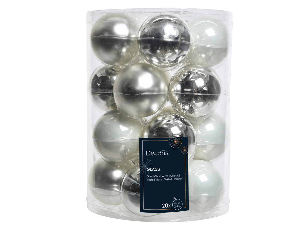 kerstballen glas shiny, matt, enamel mix wit/zilver d.6cm
