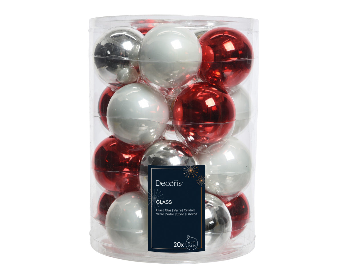 kerstballen glas shiny, enamel mix wit/rood d.6cm