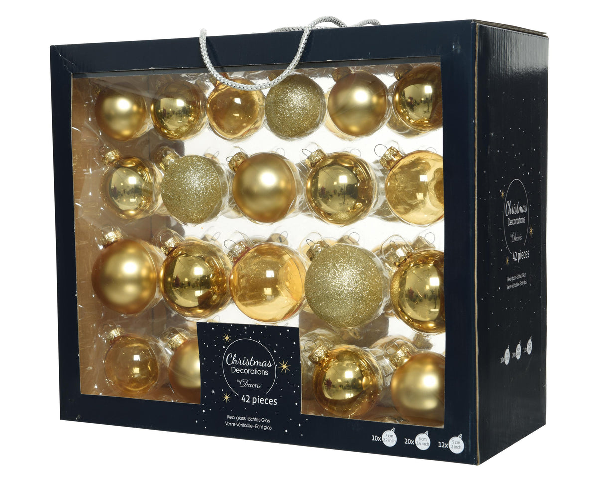 kerstballen glas mix dia7cm 42 stuks lichtgoud