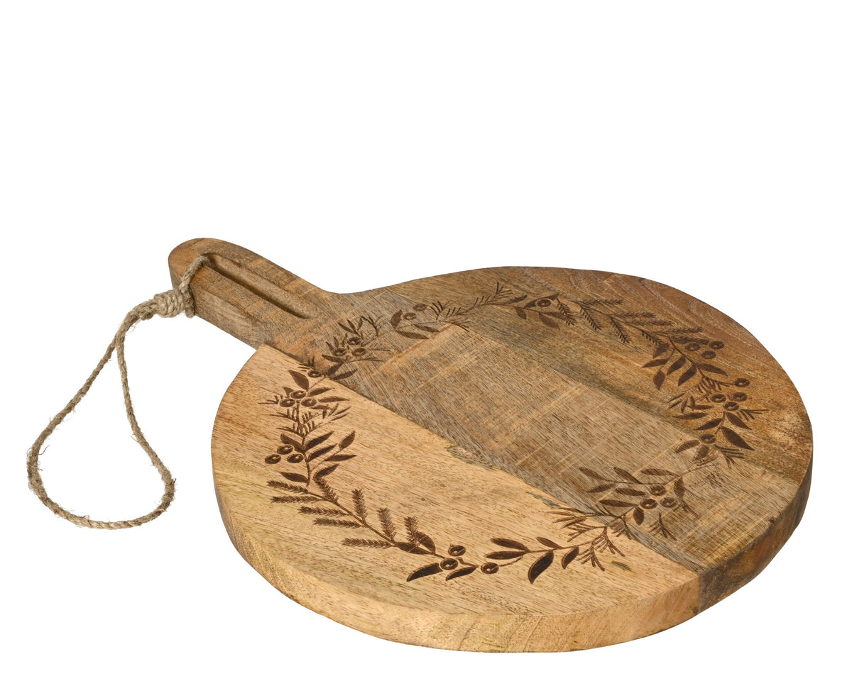 snijplank mangohout round with lasercut wreath pattern fsc mix 70% naturel l.40cm x w.29cm x h.2.5cm