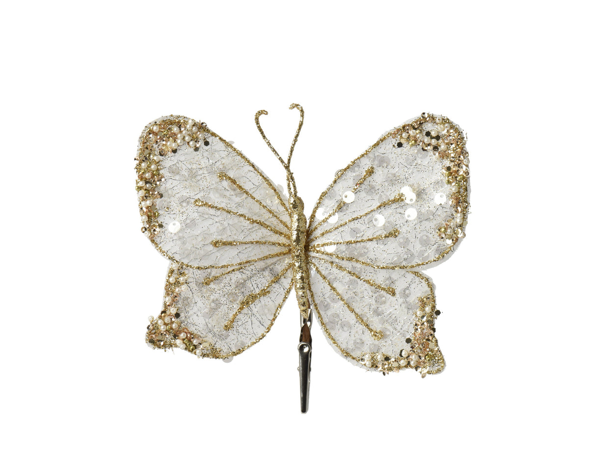 vlinder polyester glitters 1ass wit/goud l.2cm x w.16cm x h.14cm