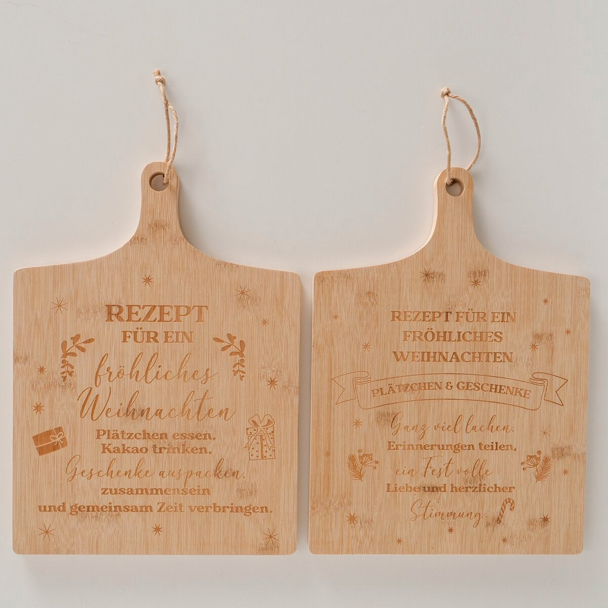 snijplank rezept, 2 ass., bamboe (phyllostachys edulis), jute, spreuk/tekst, effen, mat, ntrl