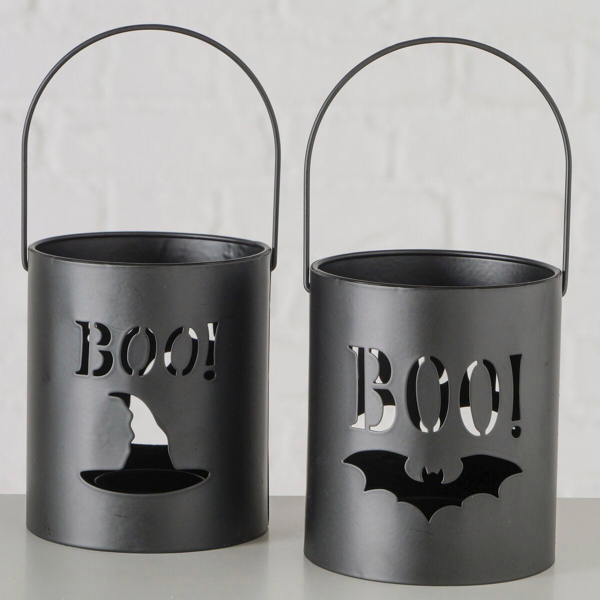 windlicht spooky, 2 ass., rond, h 10,50 cm, ijzer, spreuk/tekst, effen