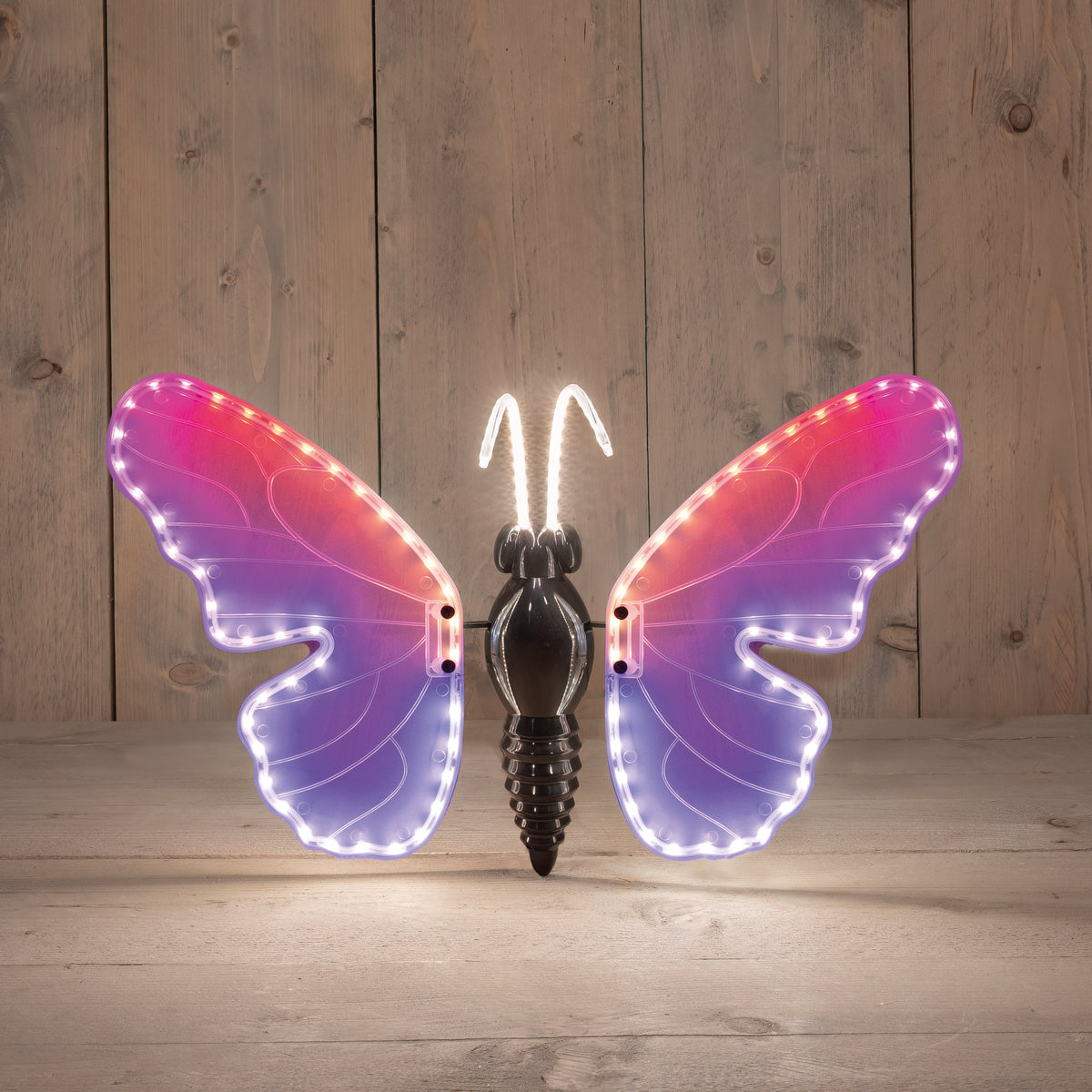 vlinder led rgb 40cm bewegende vleugels - -incl.afstandbediening5mtr aanloopsnoer - ip44 transformer - colourbox