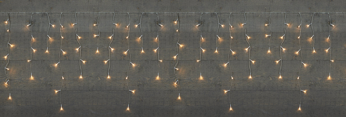 icicle lights transparant 180l/360x60cm led warm wit - 5m aanloopsnoer  - ip44 trafo aan / 8/16u timer / uit