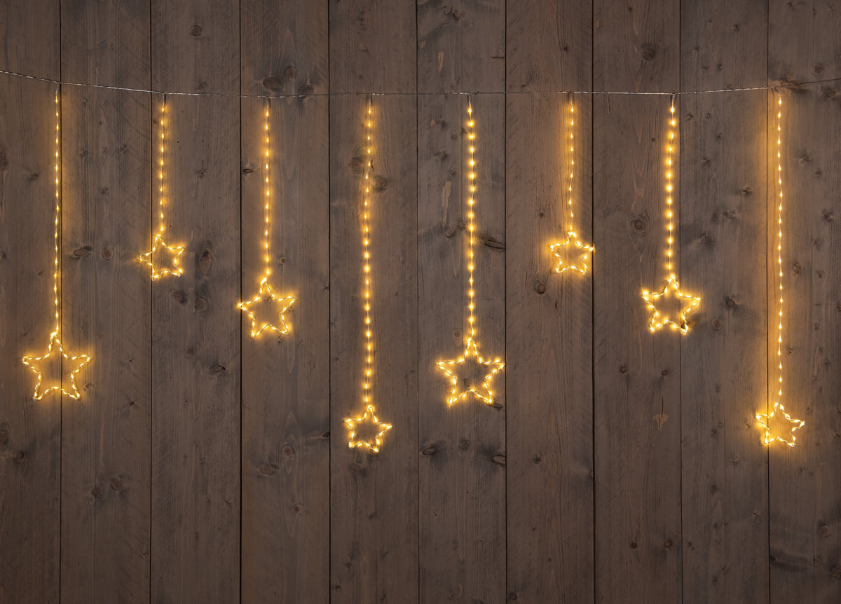 ster-gordijn  draad transparant 364l/200x80cm led classic warm 10 strengen/sterren - 5m aanloopsnoer  - ip44 trafo aan / 8/16u timer / uit / dimmer