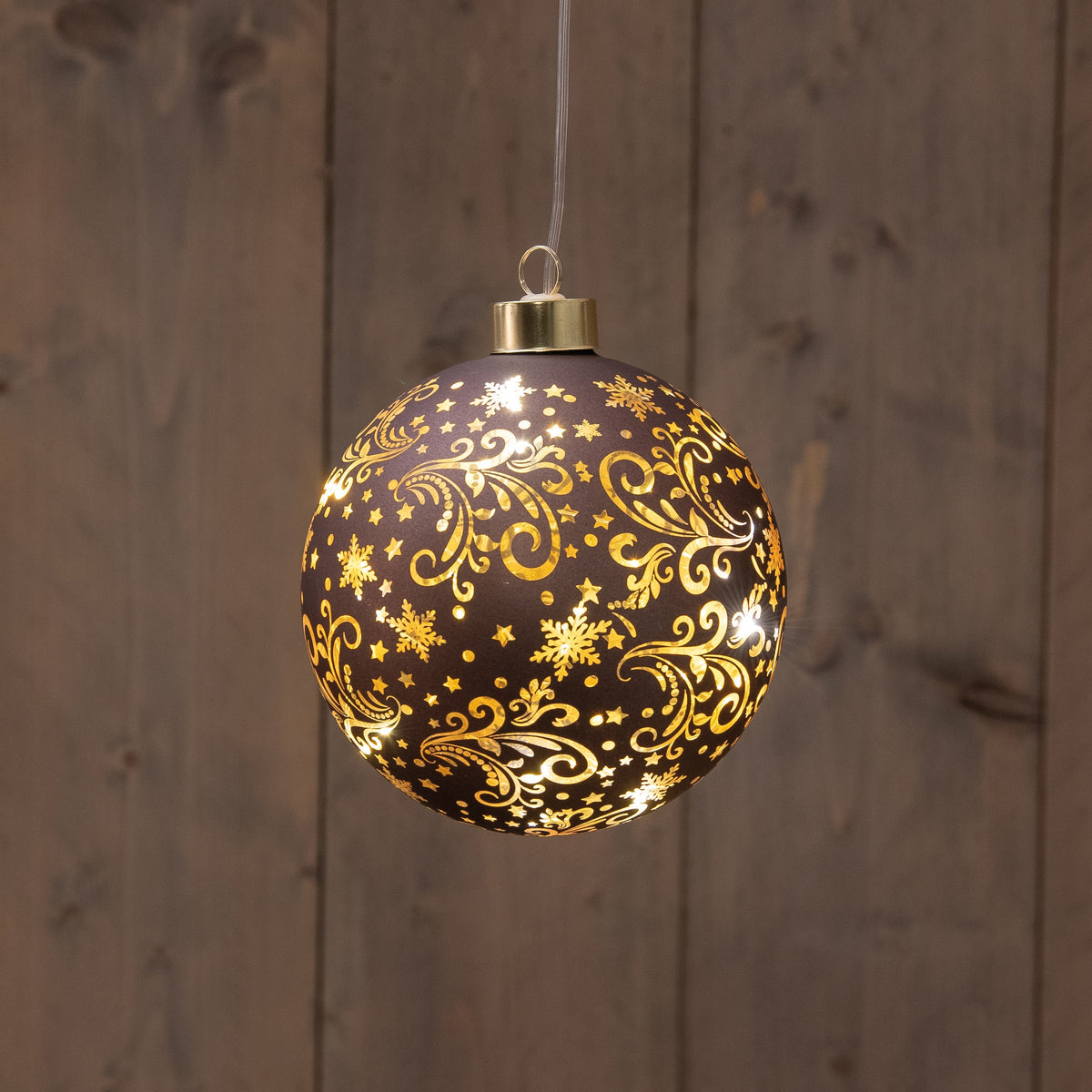 kersthanger bal glas met sterren 10led warm wit op 2aaa batterij met timer d12cm donkerbruin/goud