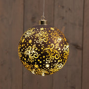 kersthanger bal glas met sterren 12led warm wit op 2aaa batterij met timer d15cm donkerbruin/goud
